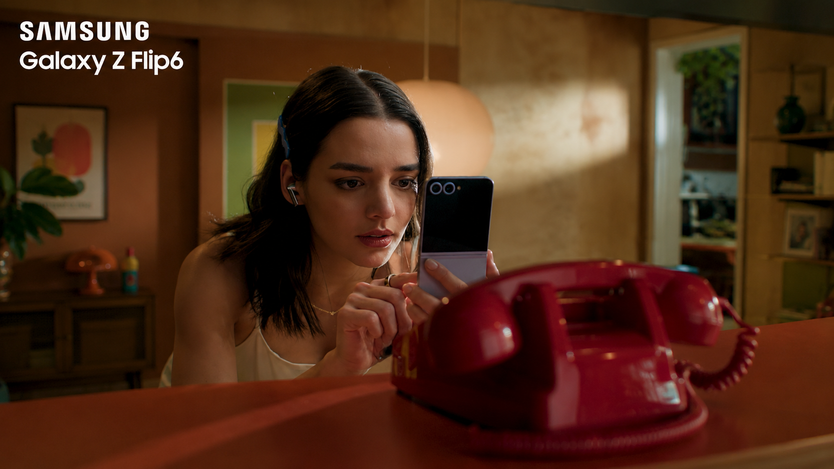 Samsung Galaxy Z Flip6 campaign featuring a woman using the folding phone